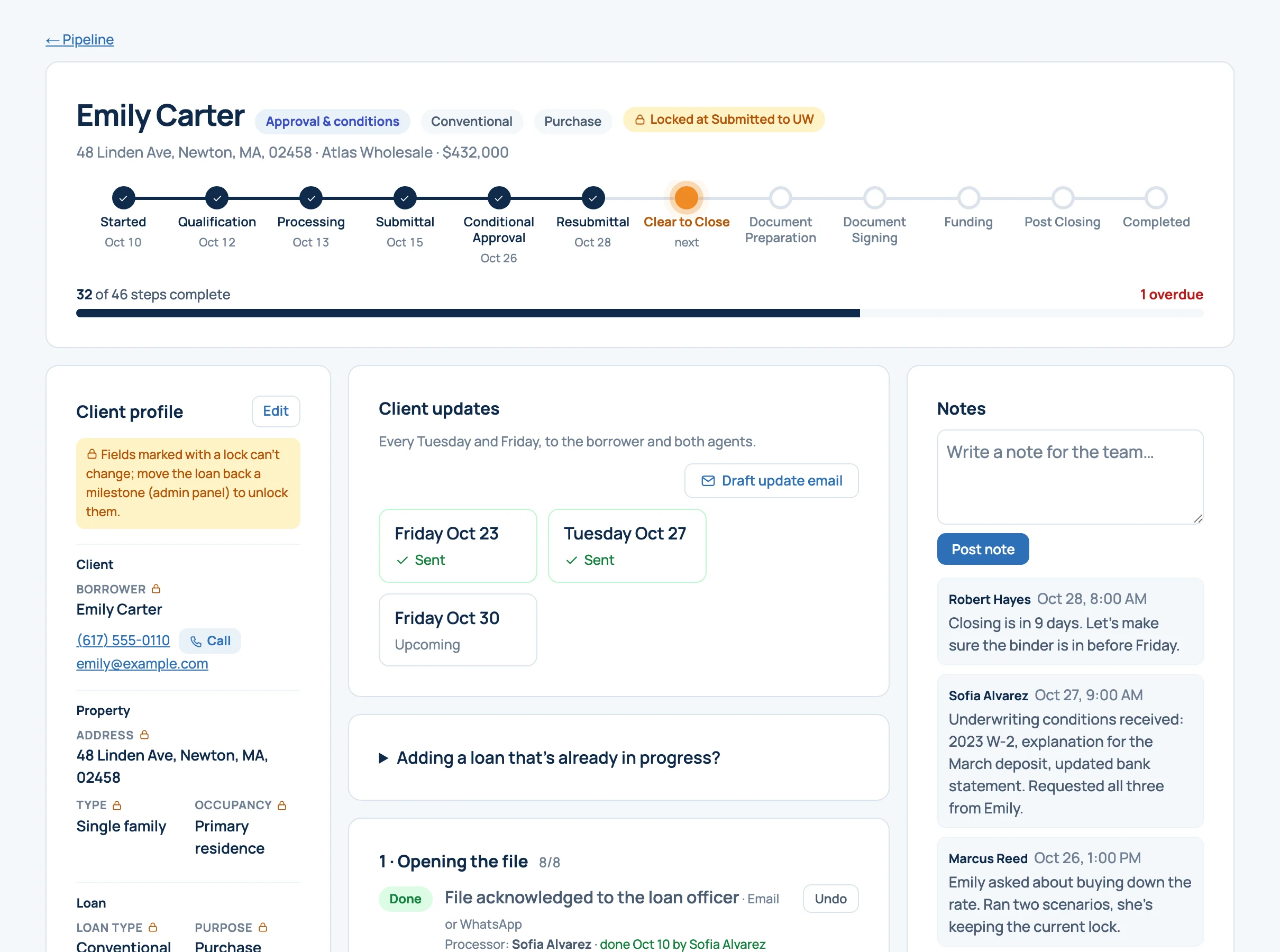 A loan file with its milestones, client profile, client updates and notes